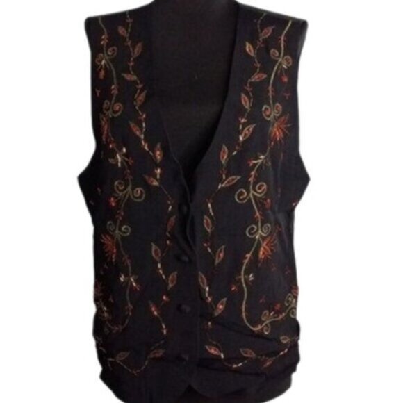 Carole Little Jackets & Blazers - Vintage 90s Carole Little Size M PM Petite Vest Black Beaded Floral Embellished